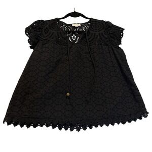 Jennifer Grace Black Eyelet Lace Trim Boho Peasant Blouse Top Size L